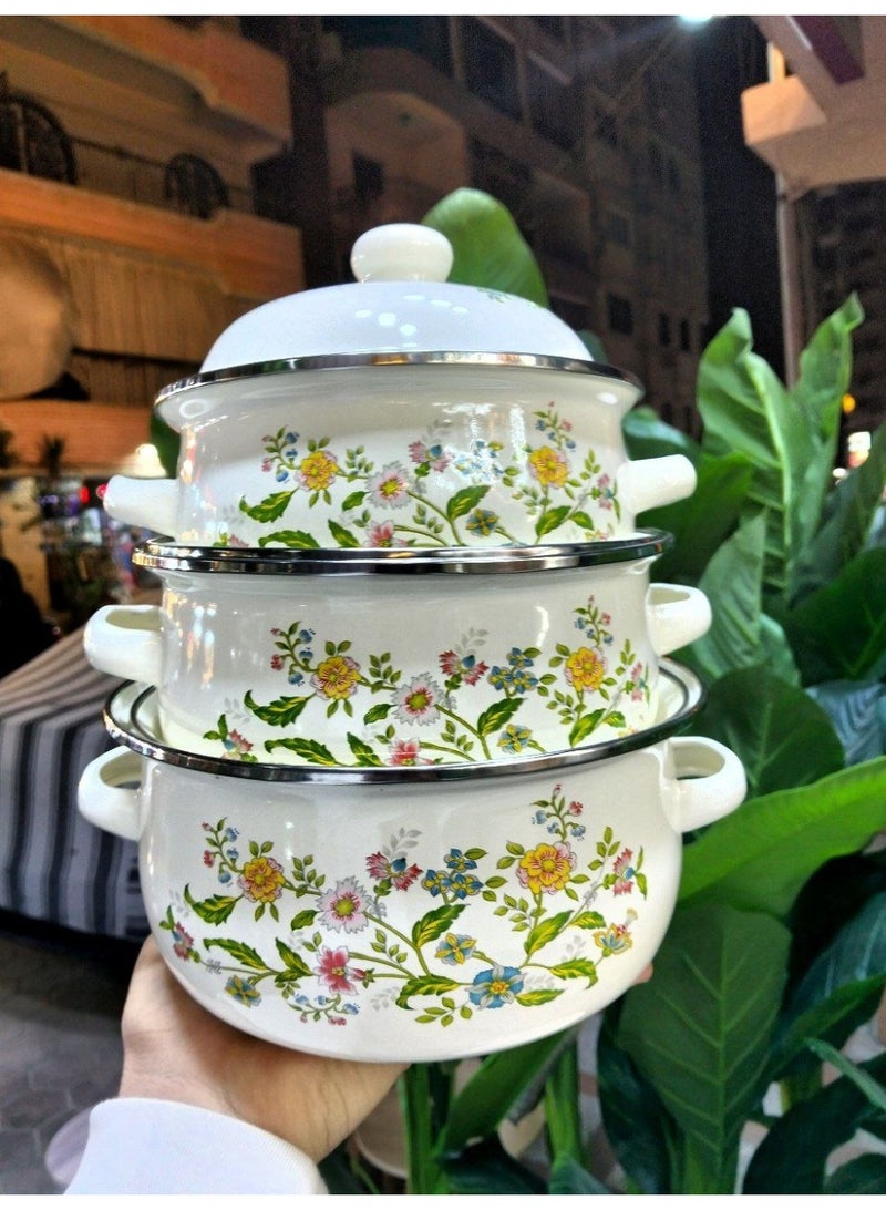 Floral Enamel Cooking Pot Set – 3 Pieces with Lid – Heat Resistant Kitchen Cookware - Image 3